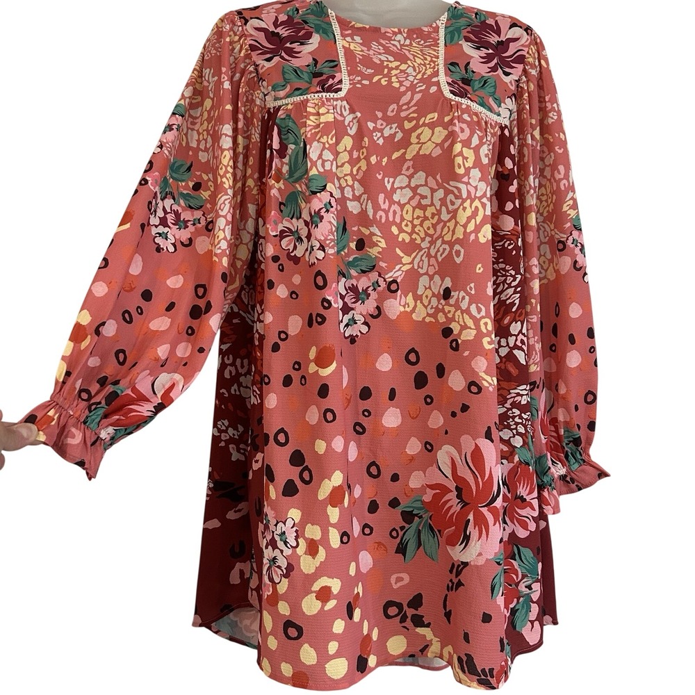 Umgee Pink Floral Dress Sz S Colorful Balloon Puff Sleeve Short Romantic Boho